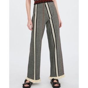 Zara Cotton Blend Wide Leg Striped Fringe Hem Pant
